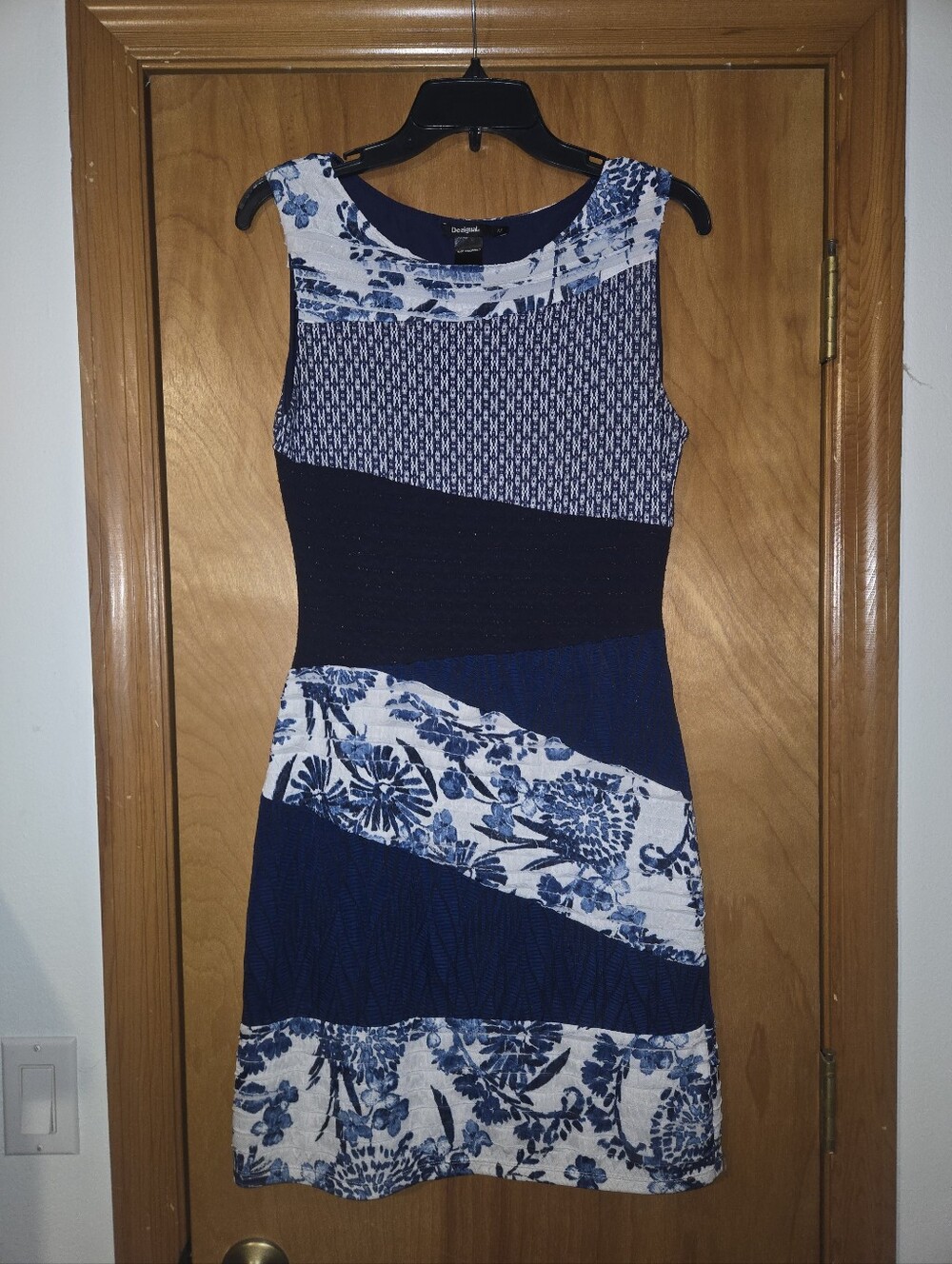 Desigual Sleeveless Blue Floral Block-Print Sheath Dress Size M